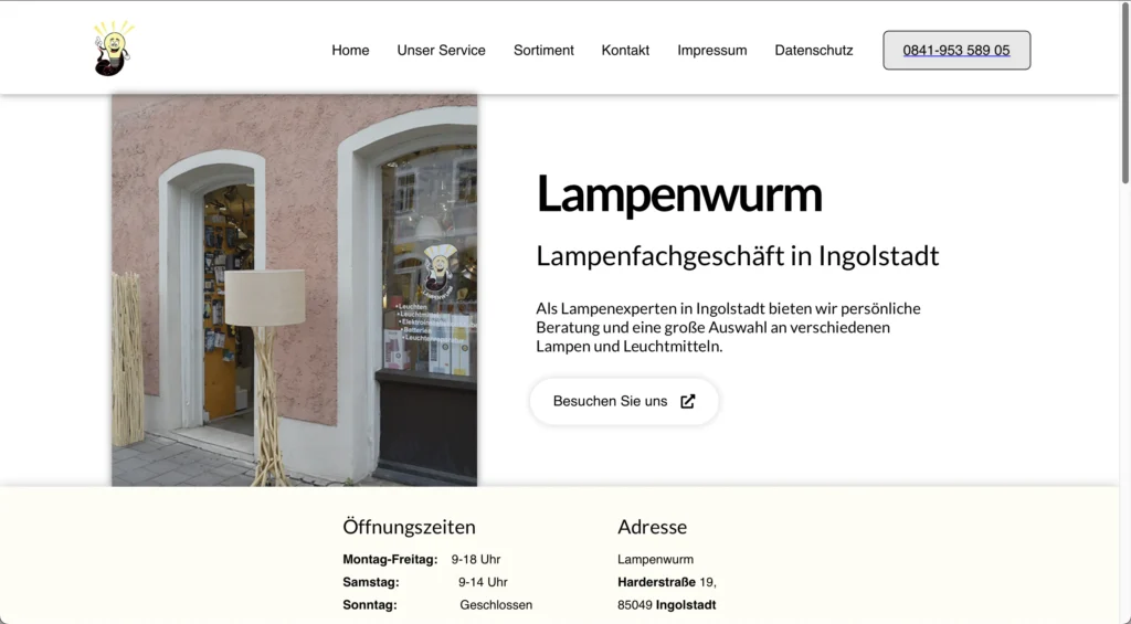 Webseite aus meinem Portfolio für die Firma Lampenwurm aus Ingolstadt